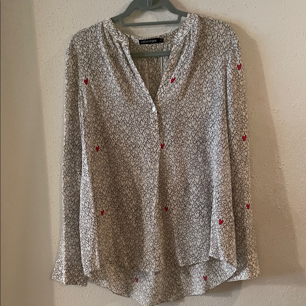 Elegant Catheringee Black and White Blouse with Red Heart Accents